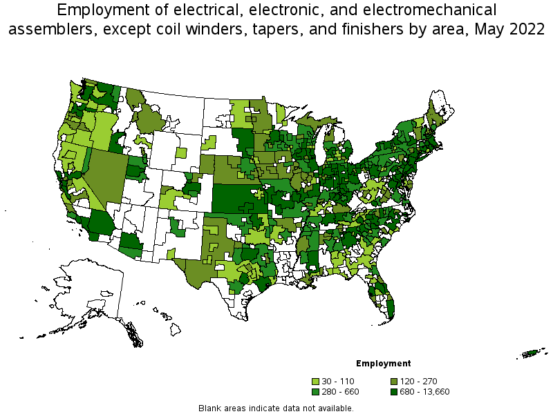 Map of employment of electrical, electronic, and electromechanical assemblers, except coil winders, tapers, and finishers by area, May 2022