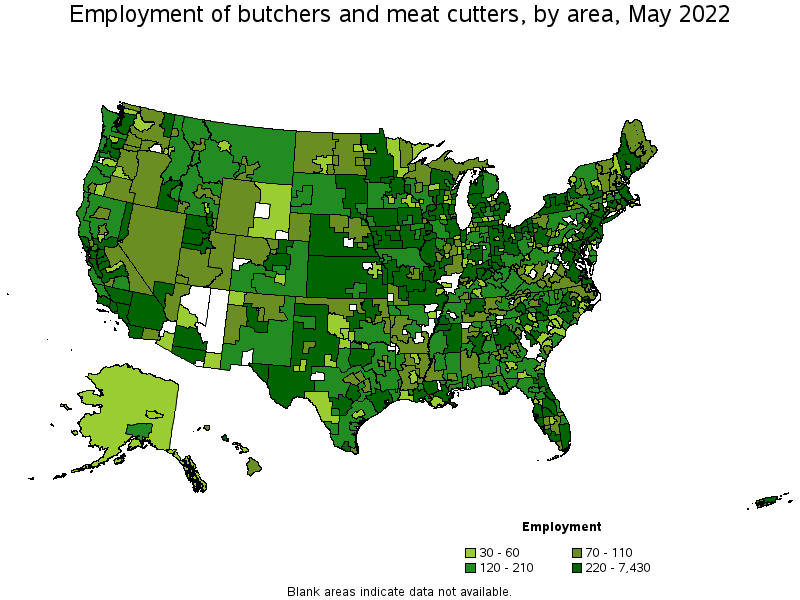 Map of employment of butchers and meat cutters by area, May 2022