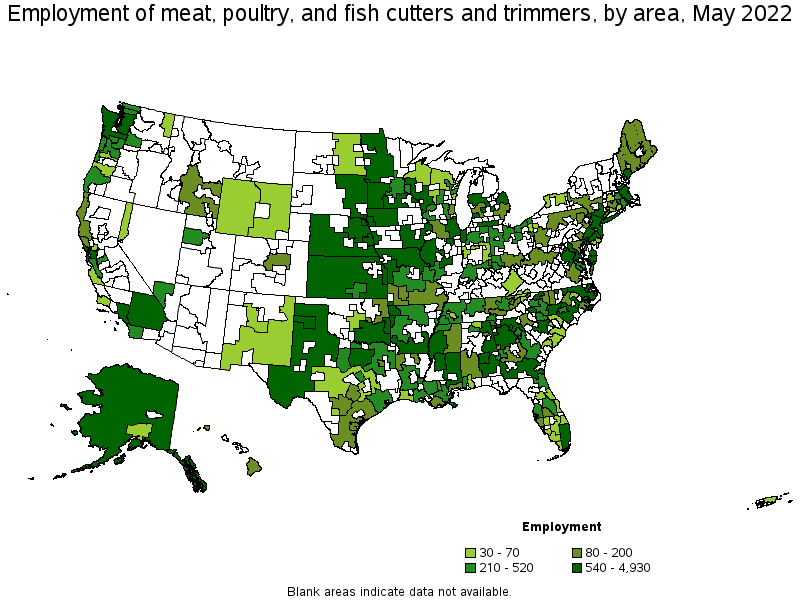 Map of employment of meat, poultry, and fish cutters and trimmers by area, May 2022