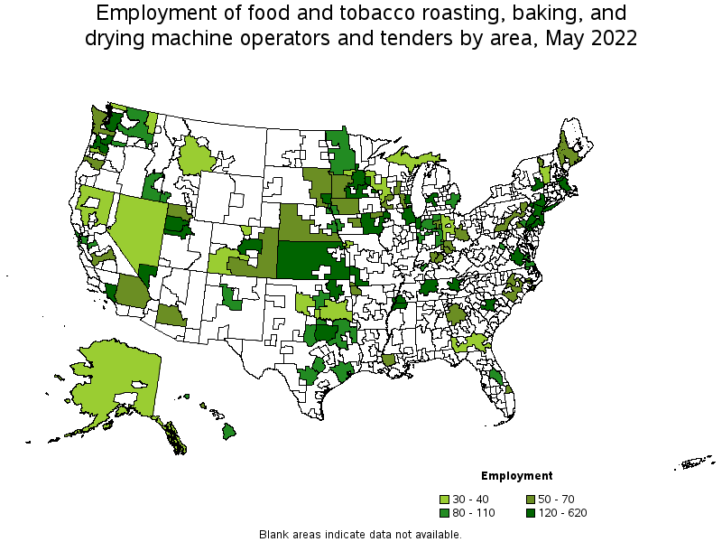 Map of employment of food and tobacco roasting, baking, and drying machine operators and tenders by area, May 2022