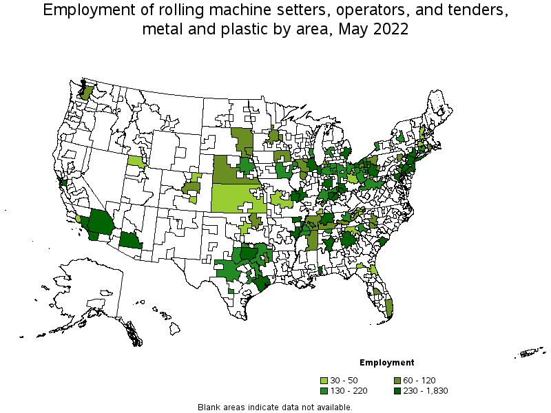 Map of employment of rolling machine setters, operators, and tenders, metal and plastic by area, May 2022