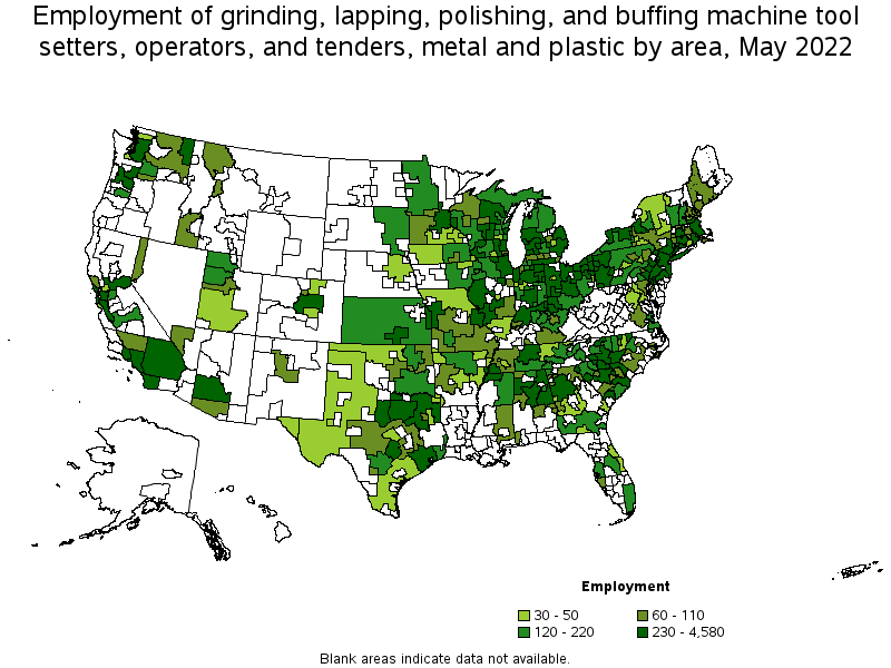 Map of employment of grinding, lapping, polishing, and buffing machine tool setters, operators, and tenders, metal and plastic by area, May 2022
