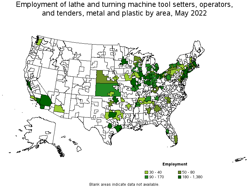 Map of employment of lathe and turning machine tool setters, operators, and tenders, metal and plastic by area, May 2022