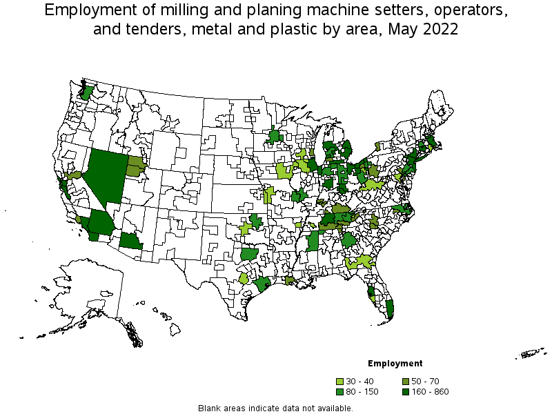 Map of employment of milling and planing machine setters, operators, and tenders, metal and plastic by area, May 2022