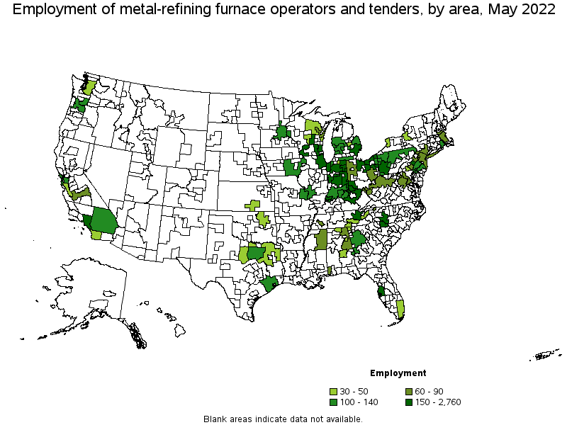 Map of employment of metal-refining furnace operators and tenders by area, May 2022