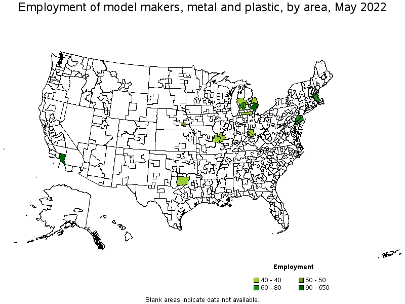Map of employment of model makers, metal and plastic by area, May 2022