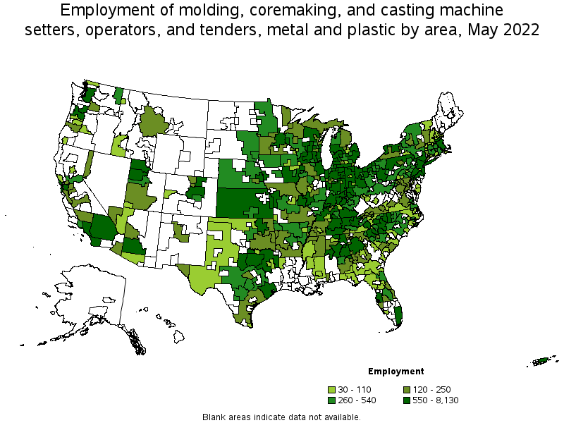 Map of employment of molding, coremaking, and casting machine setters, operators, and tenders, metal and plastic by area, May 2022