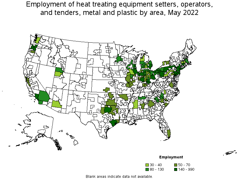 Map of employment of heat treating equipment setters, operators, and tenders, metal and plastic by area, May 2022