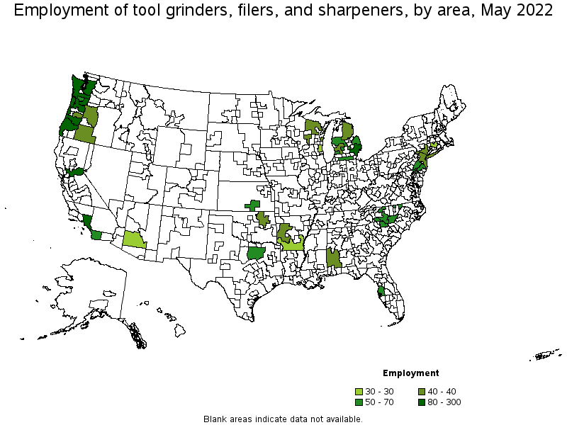 Map of employment of tool grinders, filers, and sharpeners by area, May 2022