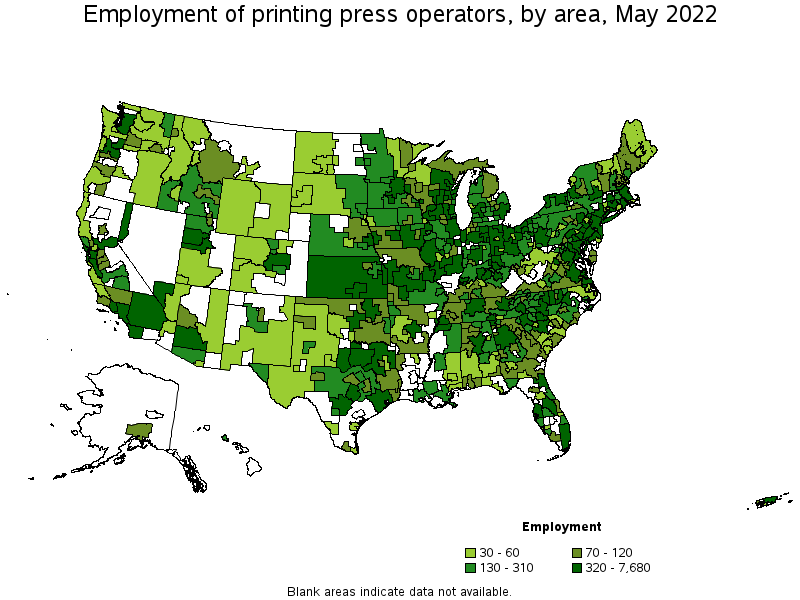 Map of employment of printing press operators by area, May 2022