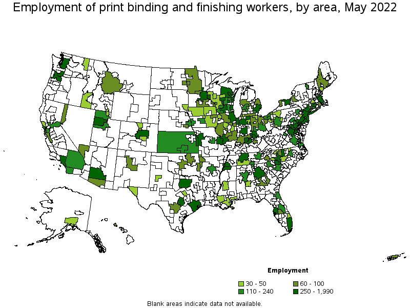 Map of employment of print binding and finishing workers by area, May 2022