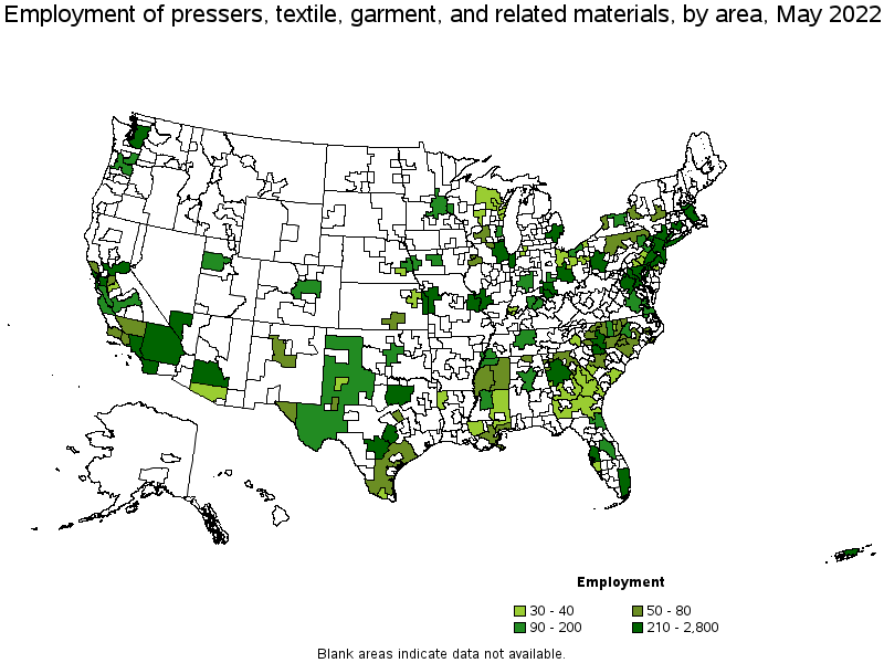 Map of employment of pressers, textile, garment, and related materials by area, May 2022
