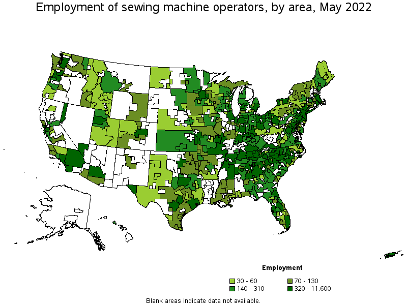 Map of employment of sewing machine operators by area, May 2022