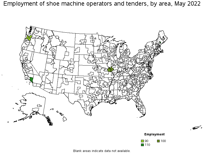 Map of employment of shoe machine operators and tenders by area, May 2022