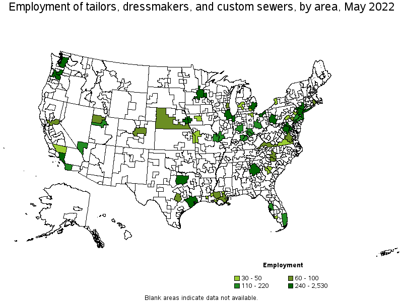Map of employment of tailors, dressmakers, and custom sewers by area, May 2022
