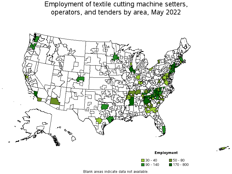 Map of employment of textile cutting machine setters, operators, and tenders by area, May 2022