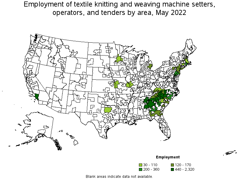 Map of employment of textile knitting and weaving machine setters, operators, and tenders by area, May 2022