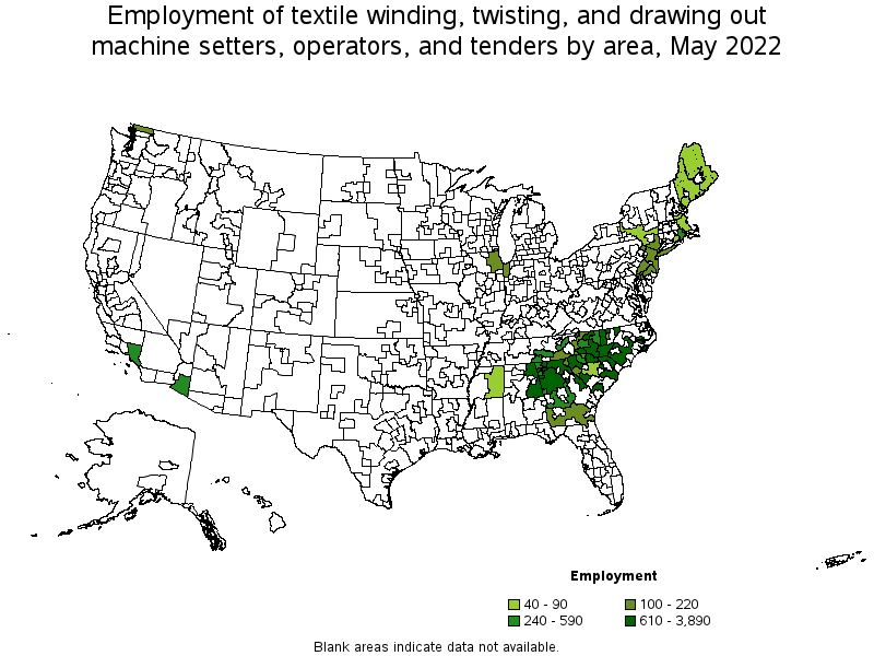 Map of employment of textile winding, twisting, and drawing out machine setters, operators, and tenders by area, May 2022
