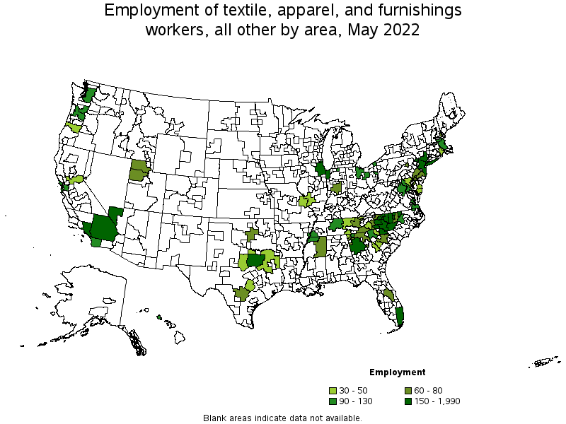 Map of employment of textile, apparel, and furnishings workers, all other by area, May 2022
