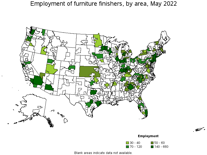 Map of employment of furniture finishers by area, May 2022