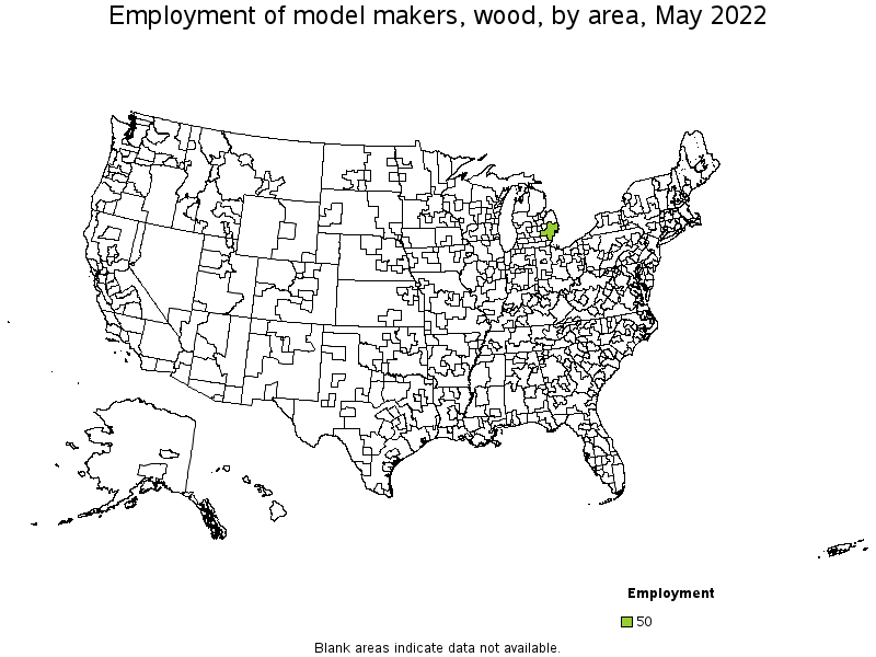 Map of employment of model makers, wood by area, May 2022