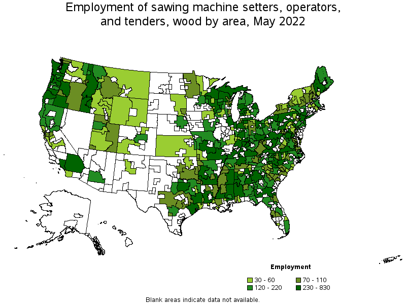 Map of employment of sawing machine setters, operators, and tenders, wood by area, May 2022