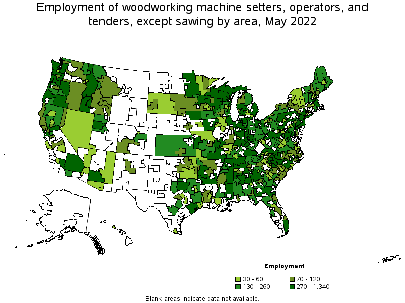 Map of employment of woodworking machine setters, operators, and tenders, except sawing by area, May 2022