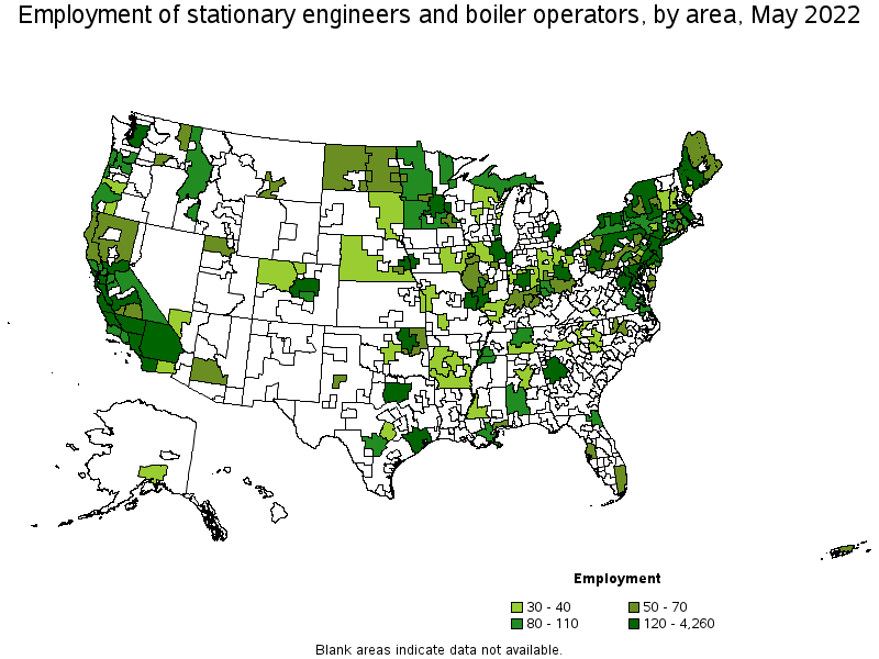 Map of employment of stationary engineers and boiler operators by area, May 2022