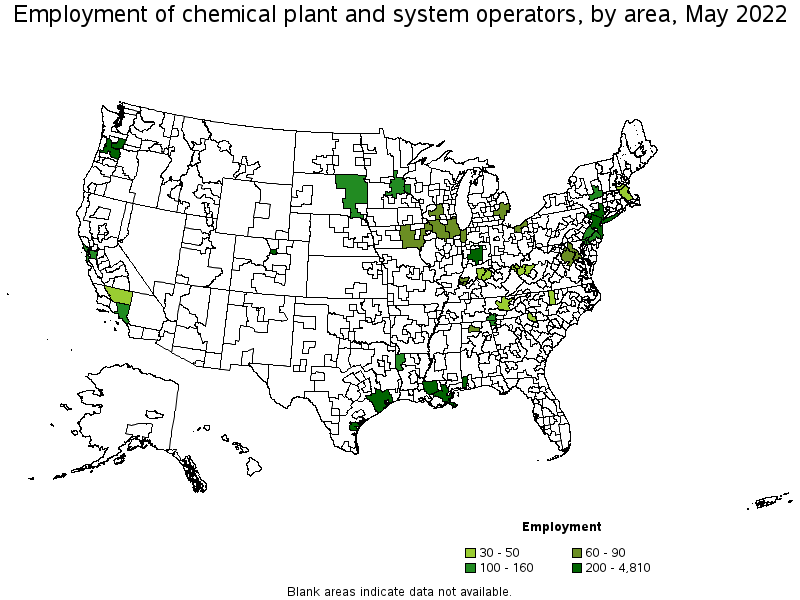 Map of employment of chemical plant and system operators by area, May 2022