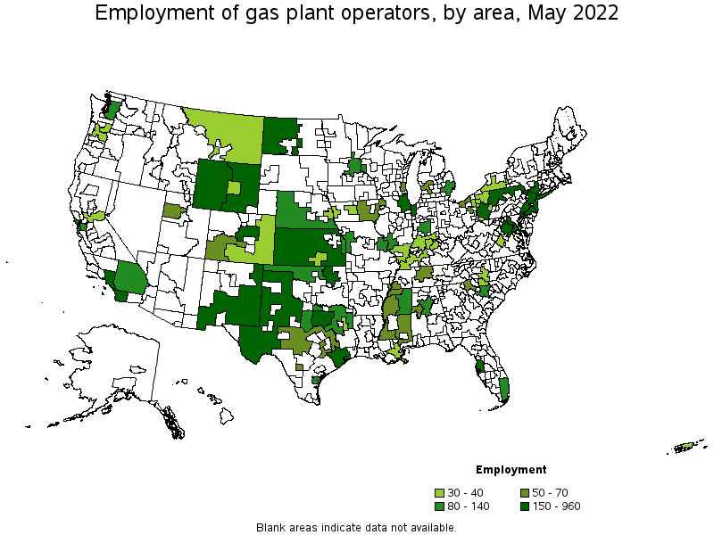 Map of employment of gas plant operators by area, May 2022