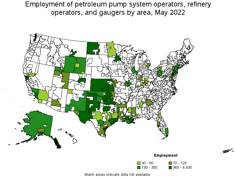 Map of employment of petroleum pump system operators, refinery operators, and gaugers by area, May 2022