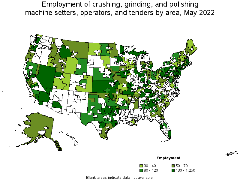 Map of employment of crushing, grinding, and polishing machine setters, operators, and tenders by area, May 2022