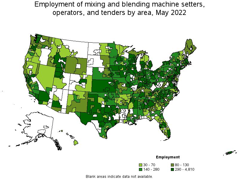 Map of employment of mixing and blending machine setters, operators, and tenders by area, May 2022