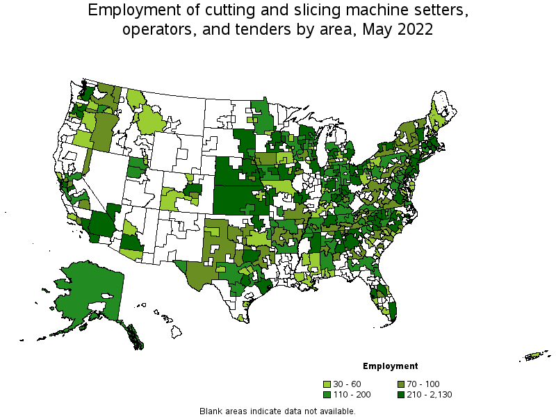 Map of employment of cutting and slicing machine setters, operators, and tenders by area, May 2022