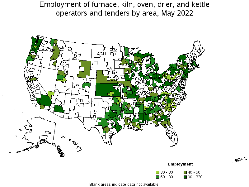 Map of employment of furnace, kiln, oven, drier, and kettle operators and tenders by area, May 2022