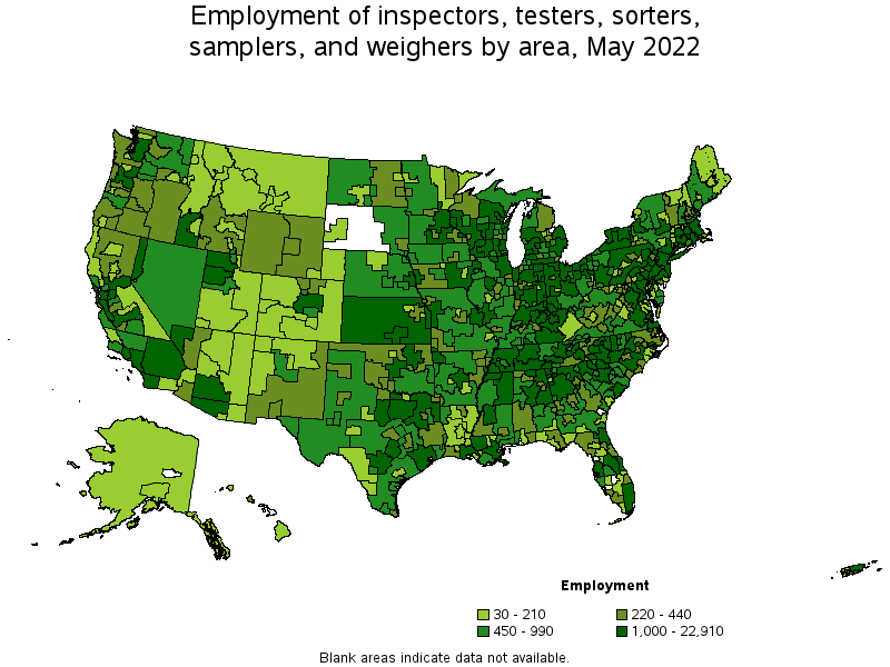 Map of employment of inspectors, testers, sorters, samplers, and weighers by area, May 2022