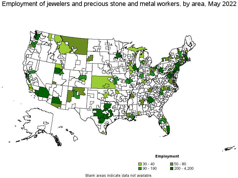 Map of employment of jewelers and precious stone and metal workers by area, May 2022