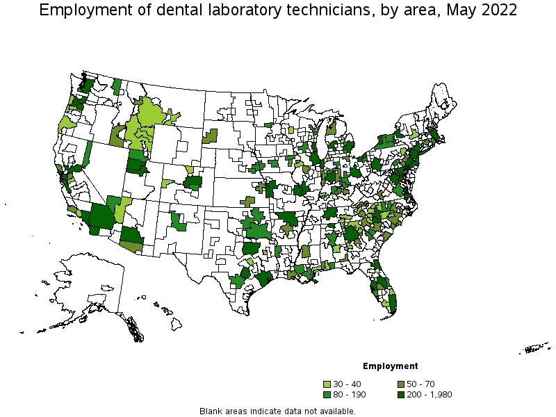 Map of employment of dental laboratory technicians by area, May 2022