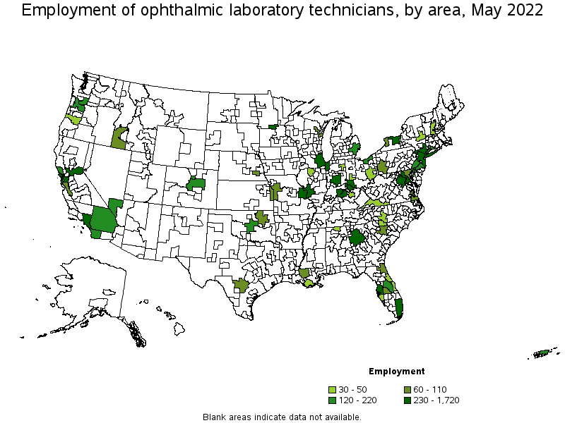 Map of employment of ophthalmic laboratory technicians by area, May 2022