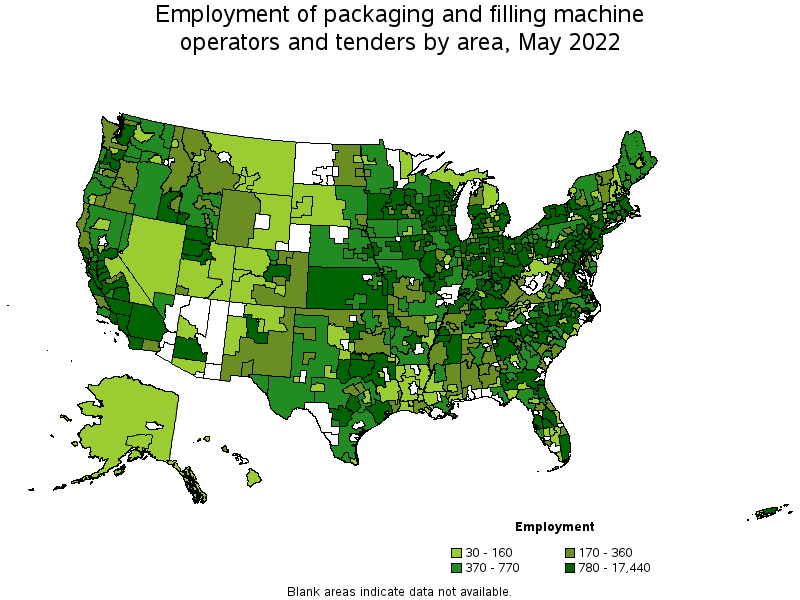 Map of employment of packaging and filling machine operators and tenders by area, May 2022