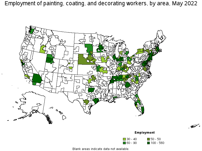 Map of employment of painting, coating, and decorating workers by area, May 2022