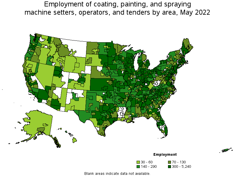 Map of employment of coating, painting, and spraying machine setters, operators, and tenders by area, May 2022