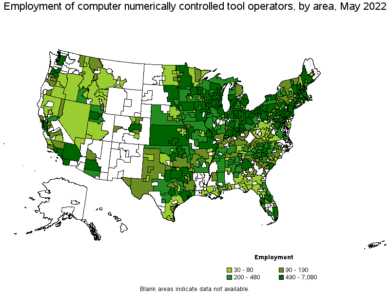 Map of employment of computer numerically controlled tool operators by area, May 2022
