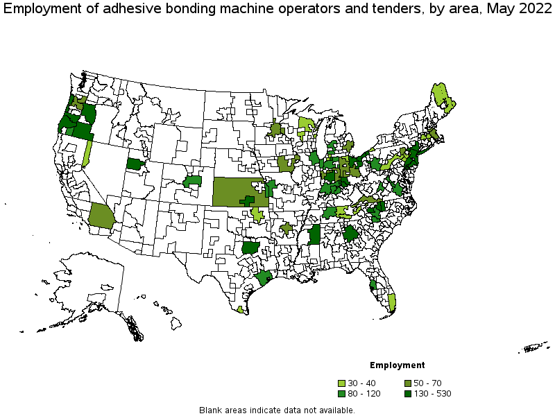 Map of employment of adhesive bonding machine operators and tenders by area, May 2022