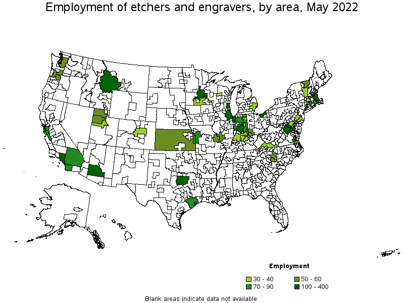 Map of employment of etchers and engravers by area, May 2022