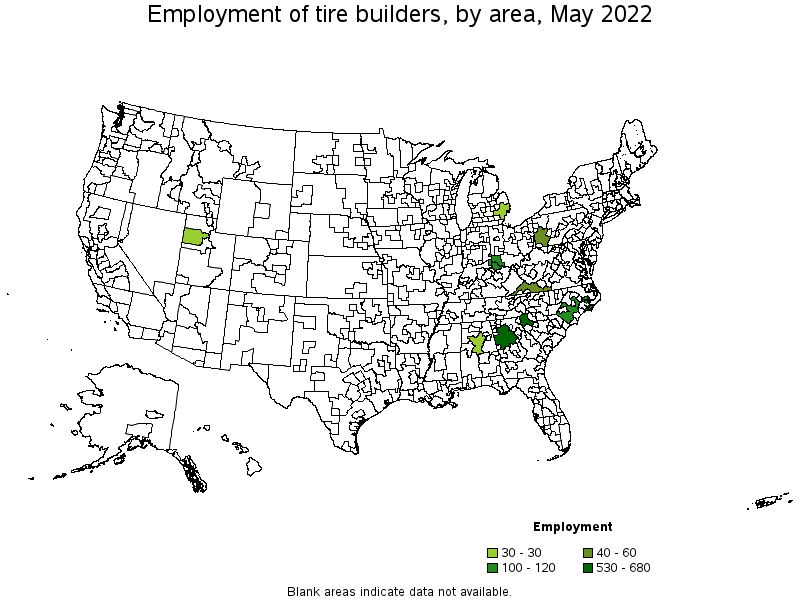 Map of employment of tire builders by area, May 2022
