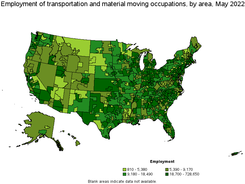 Map of employment of transportation and material moving occupations by area, May 2022