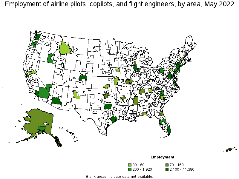 Map of employment of airline pilots, copilots, and flight engineers by area, May 2022