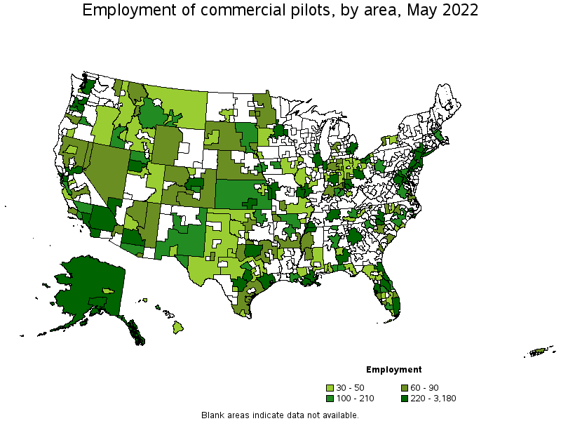 Map of employment of commercial pilots by area, May 2022