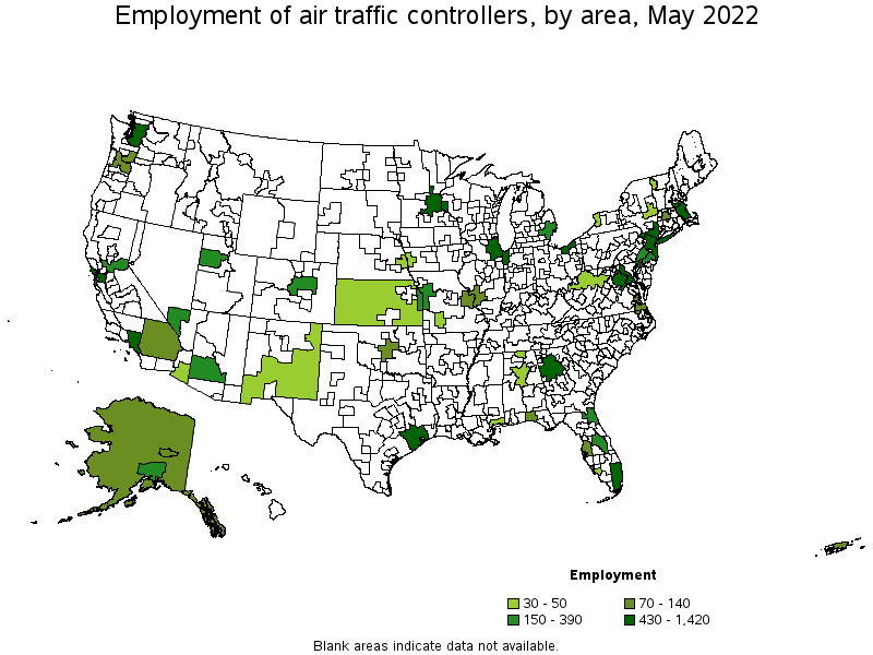 Map of employment of air traffic controllers by area, May 2022